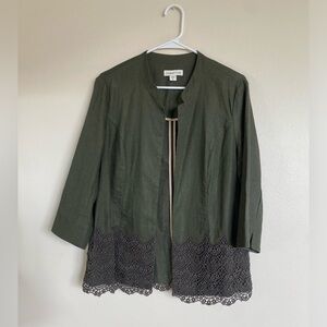Coldwater Creek Women’s Linen Blend Dark Olive Green Blazer with Lace Trim 14